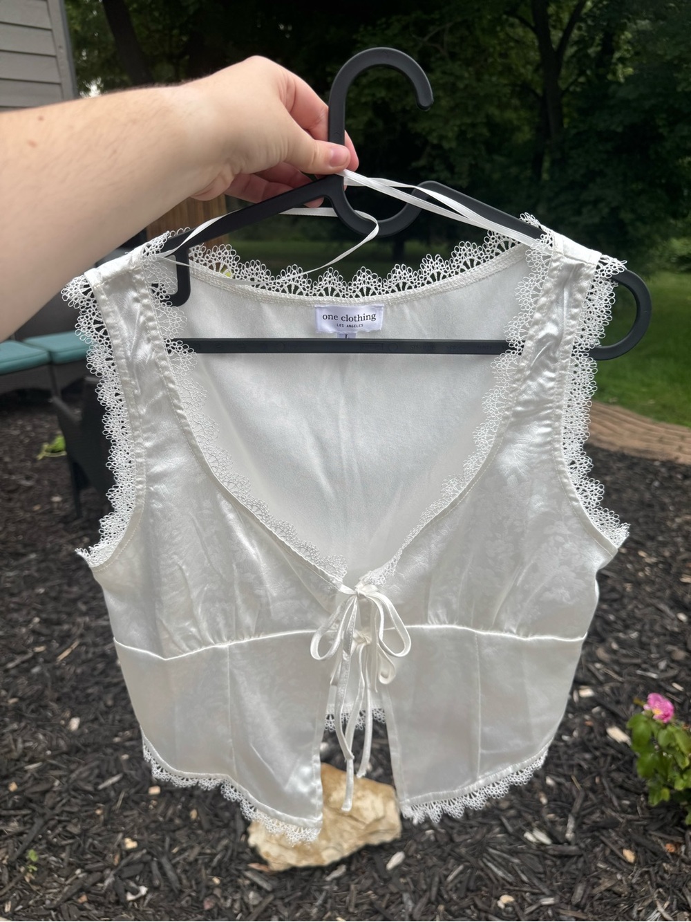 One Clothing White Satin Lace-Trim Tie-Front Tank Top